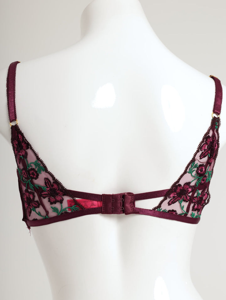 Ladies Shiny Embroidery & Plain Mesh Non-Padded Bra - Beetroot