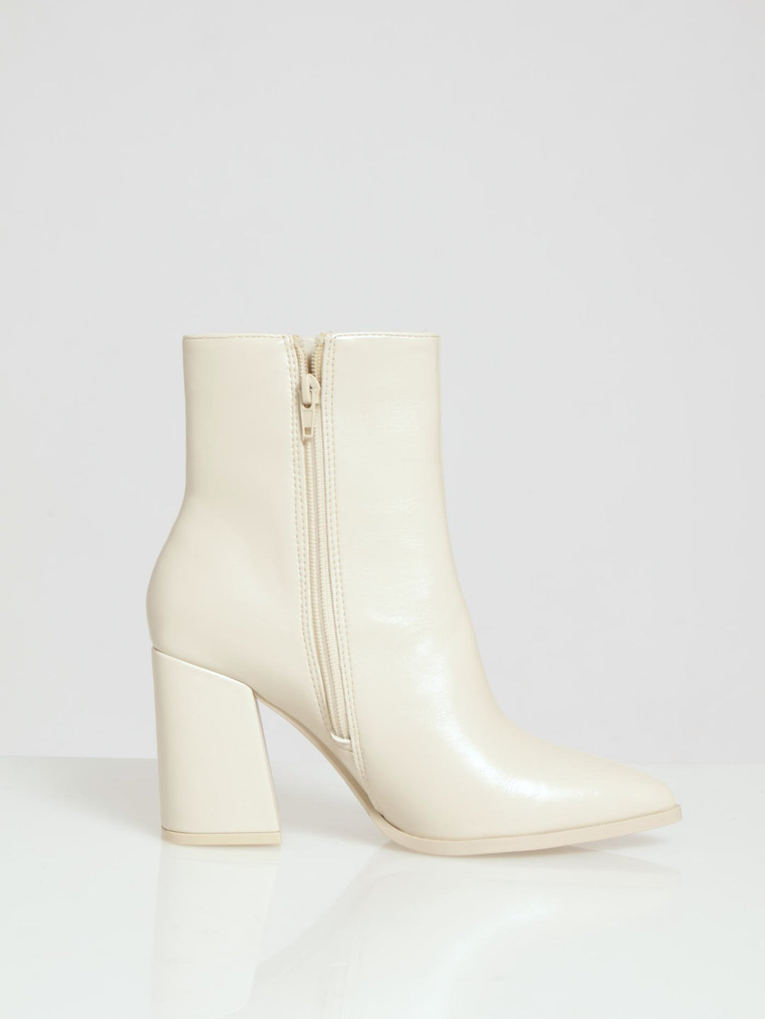 France Pointed Toe Block Heel Ankle Boot - White