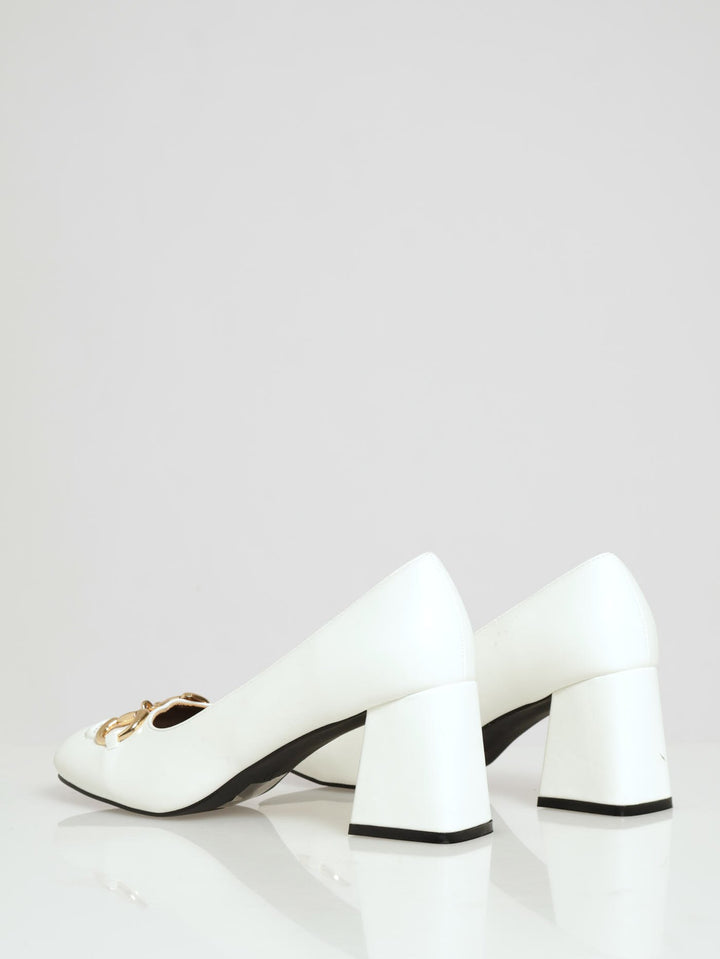 Square Toe Court Heel With Metal Trim - Off White