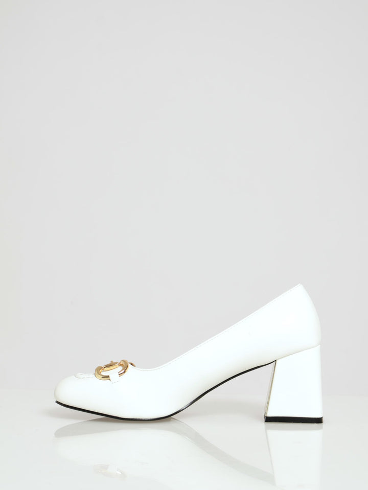Square Toe Court Heel With Metal Trim - Off White