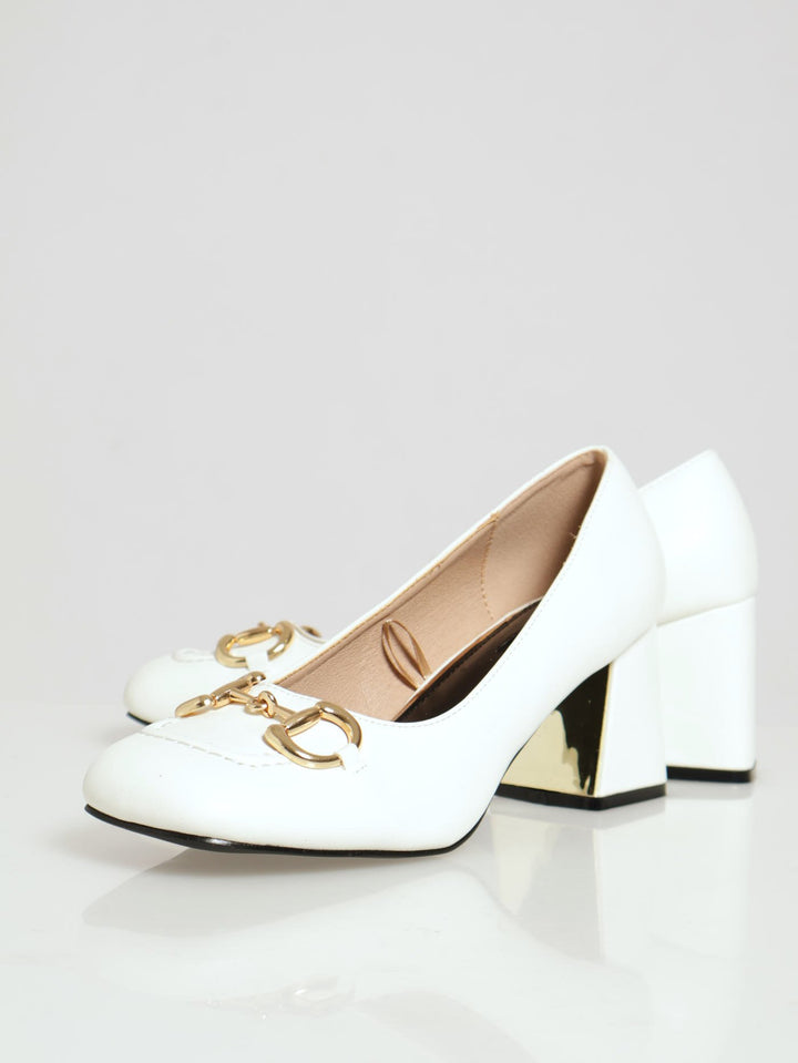 Square Toe Court Heel With Metal Trim - Off White