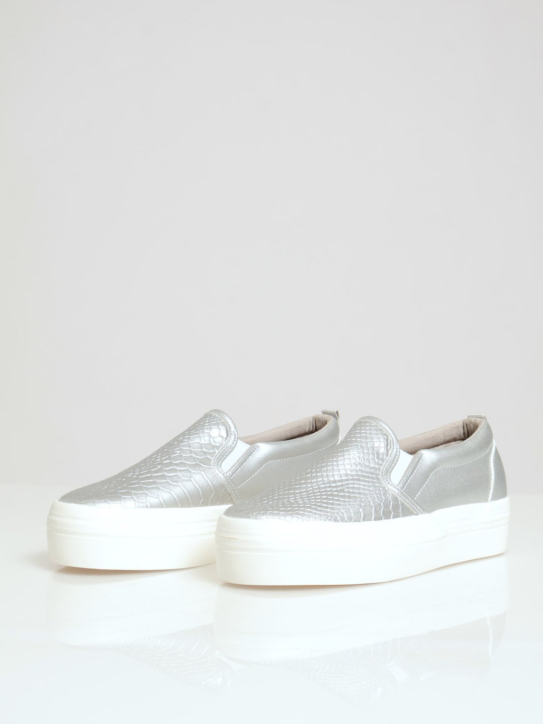 Snake Embossed Platform Slip On - Silver