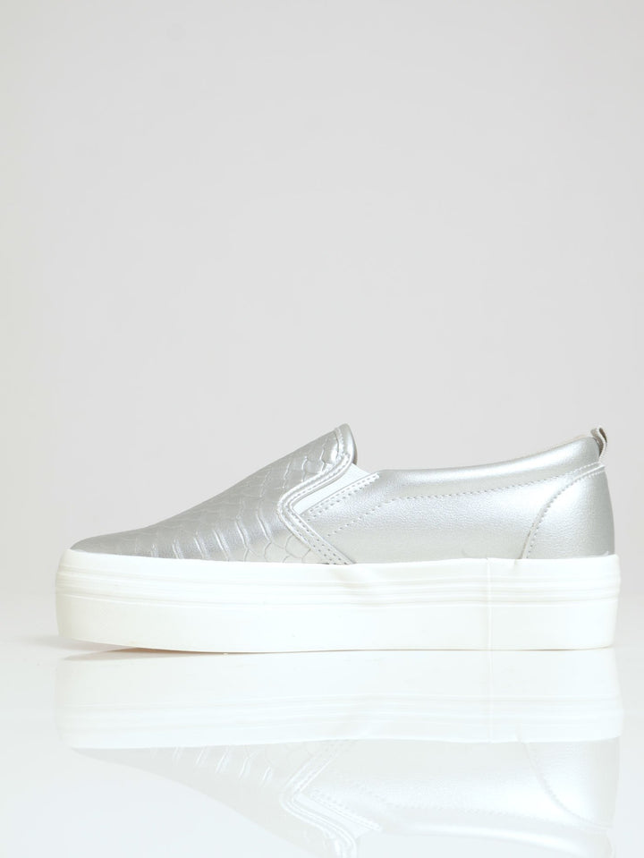 Snake Embossed Platform Slip On - Silver