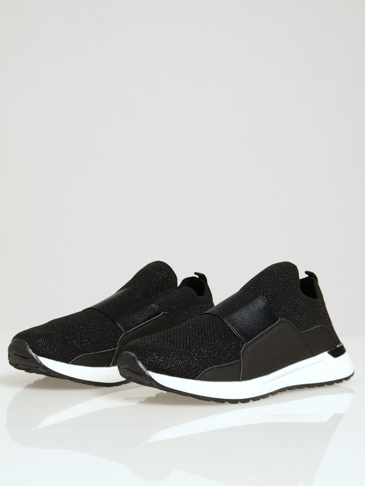 Flyknit Slip On With Wide Metallic Elastic Band Sneaker - Black