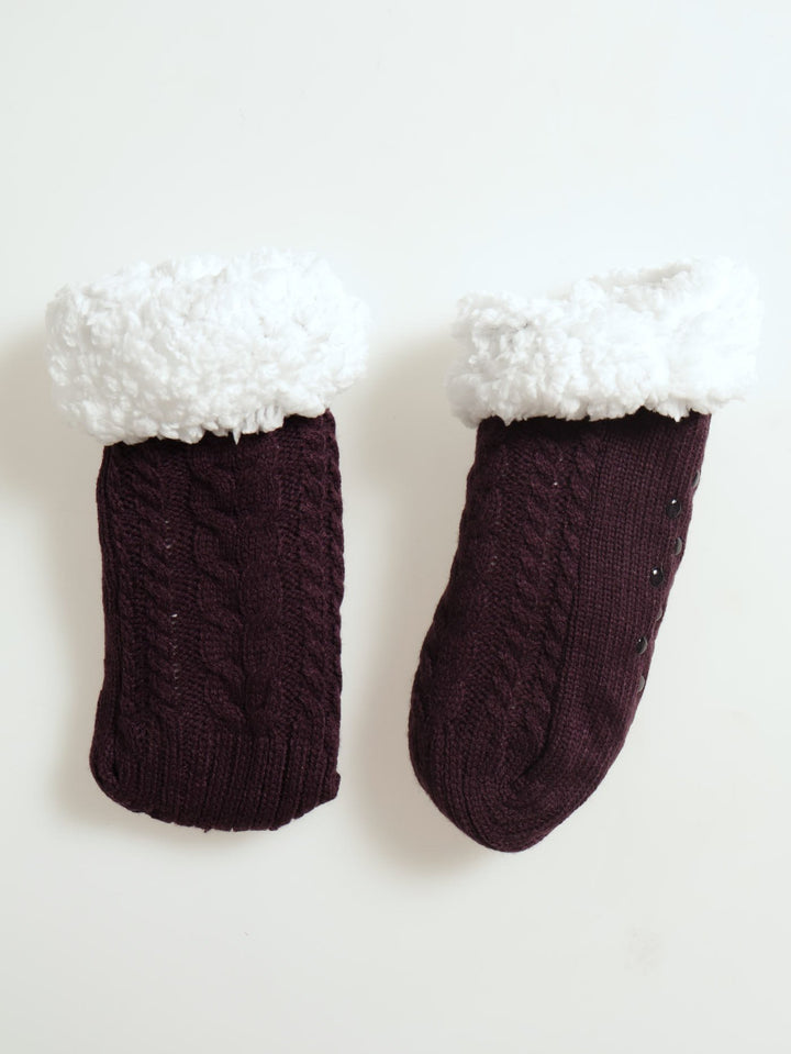 Cable Knit Slipper Socks - Plum