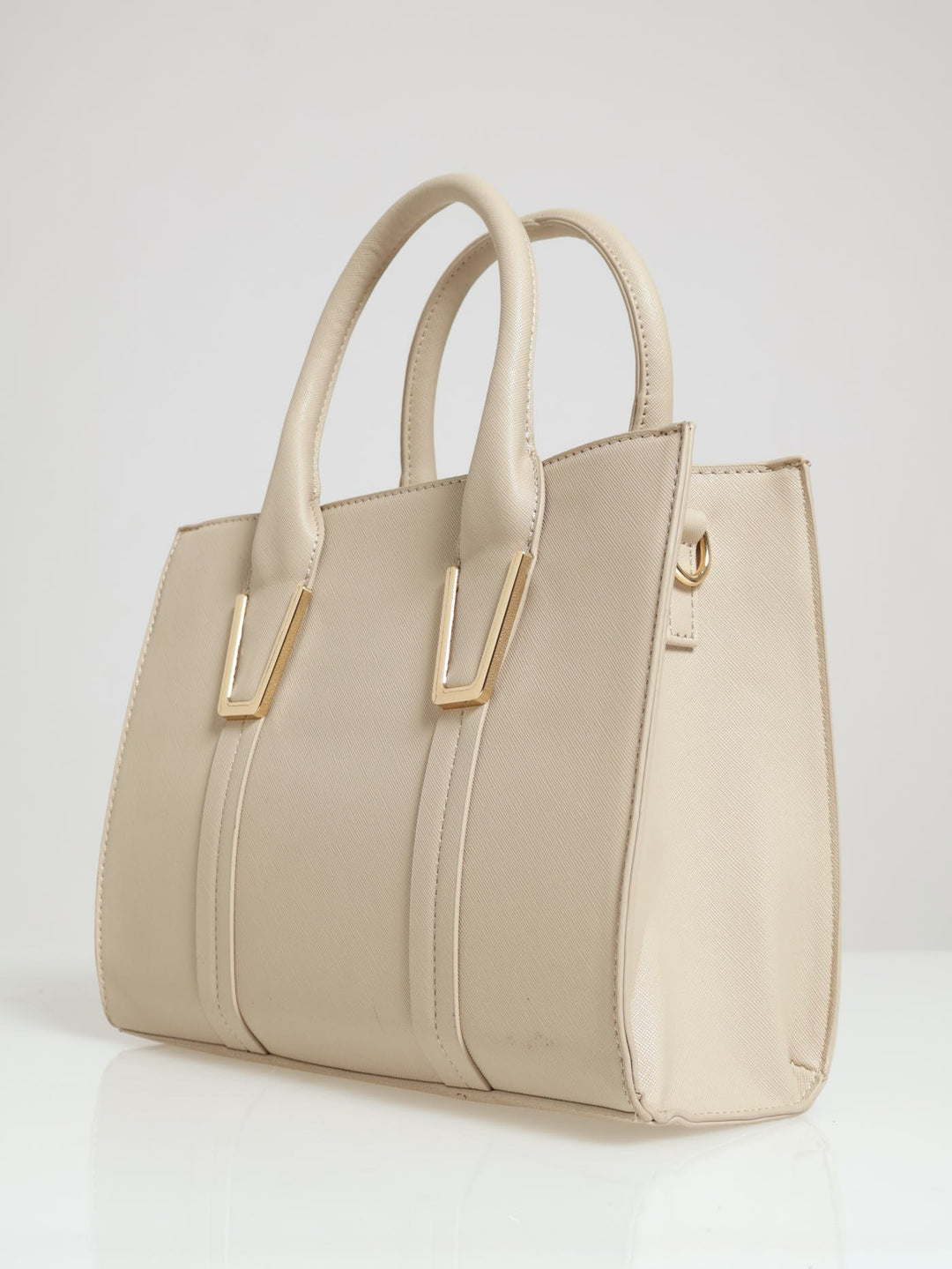 Gold Trim Square Tote Bag - Light Stone