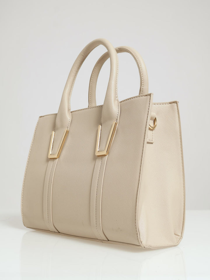 Gold Trim Square Tote Bag - Light Stone