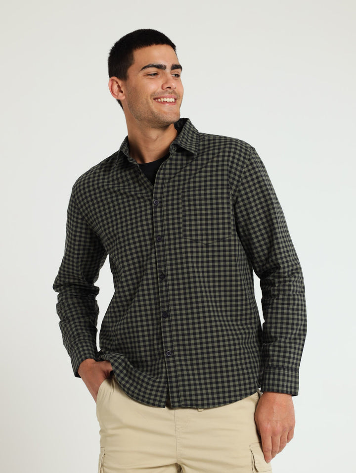 Long Sleeve Fine Check Woven Shirt - Fatigue/Black