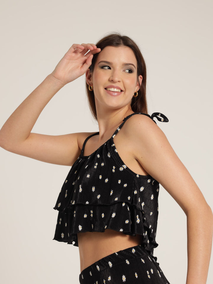 Daisy Plisse Top - Black