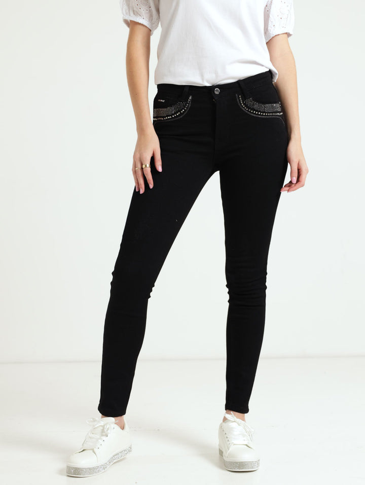 Mid Waist Denim Jean With Front Pocket Detail - Black