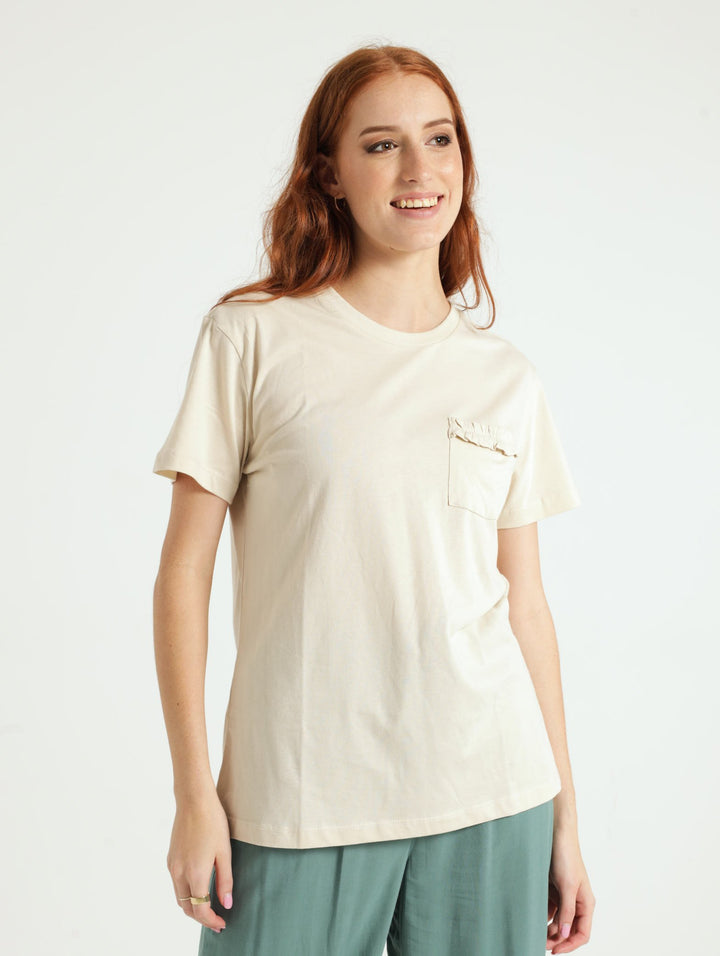 Regular Tee With Frill Edge Pocket - Light Stone