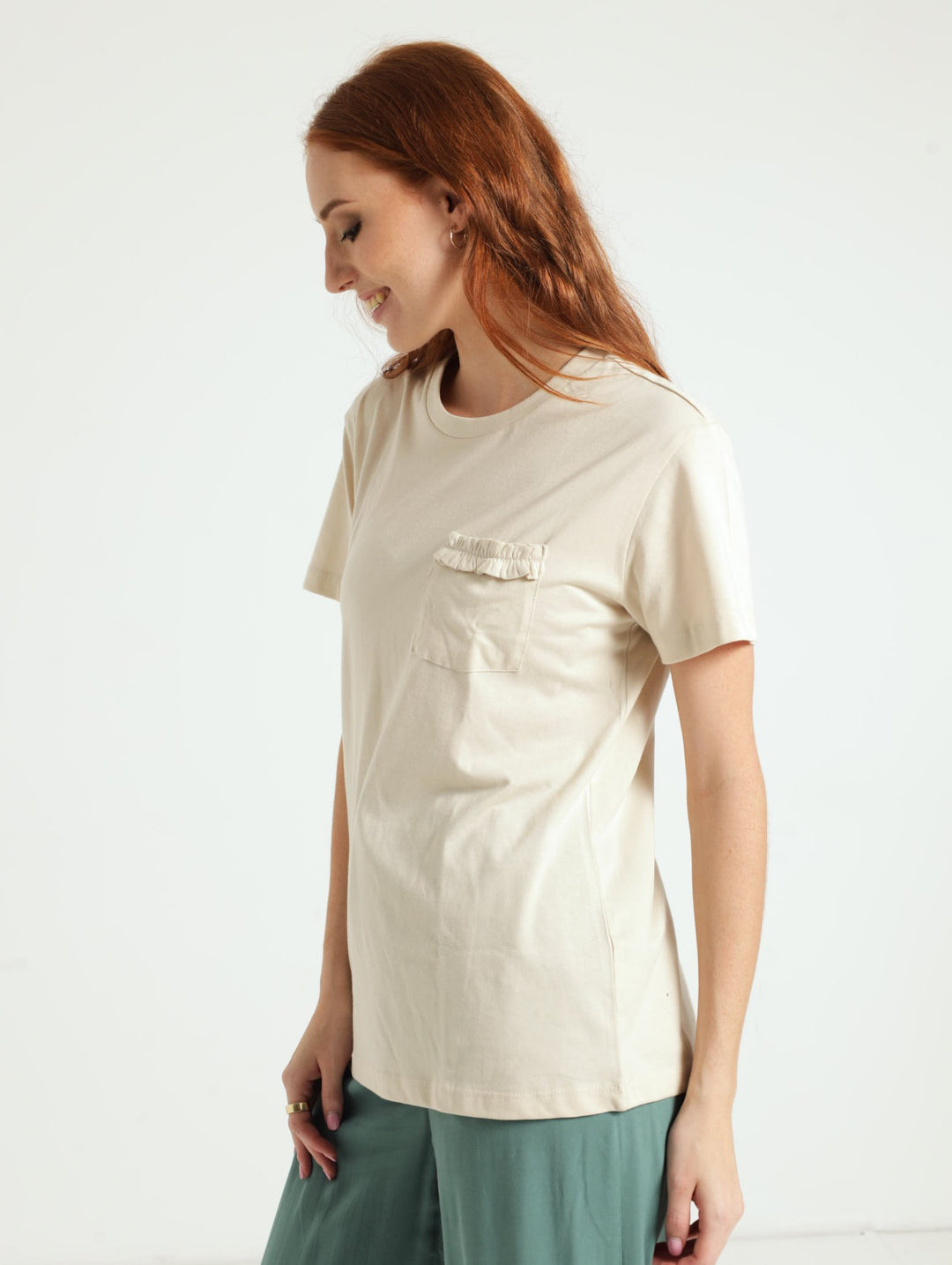 Regular Tee With Frill Edge Pocket - Light Stone