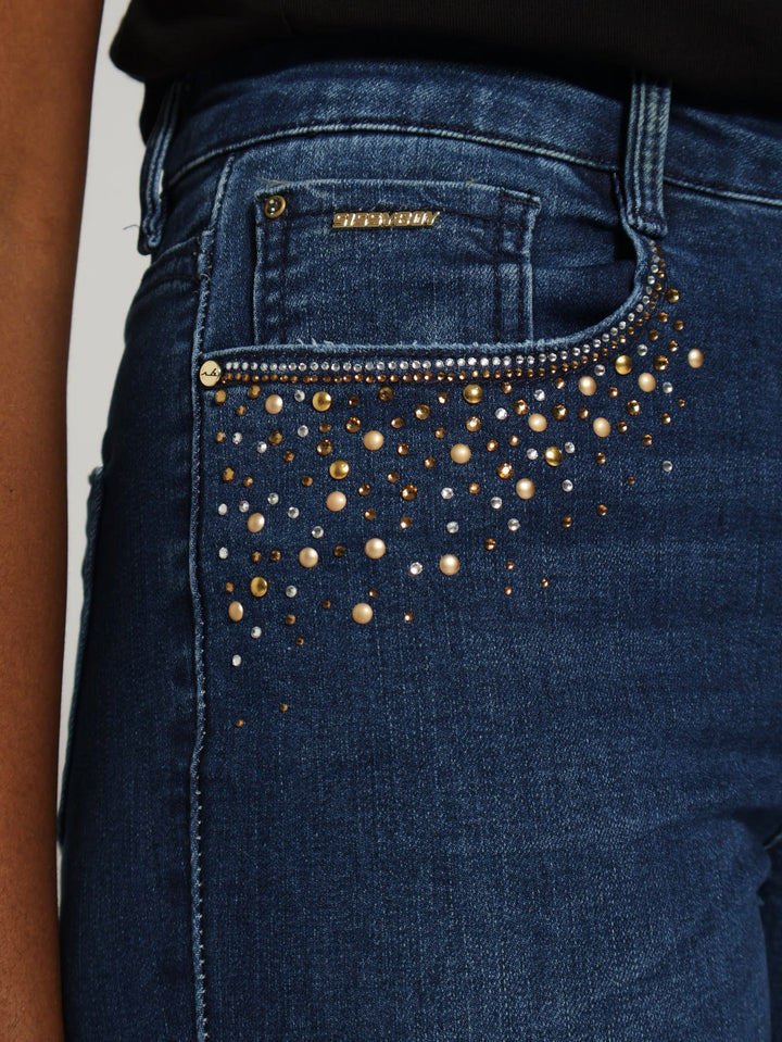 Axel Bootleg Denim Jean With Bling  - Mid Blue