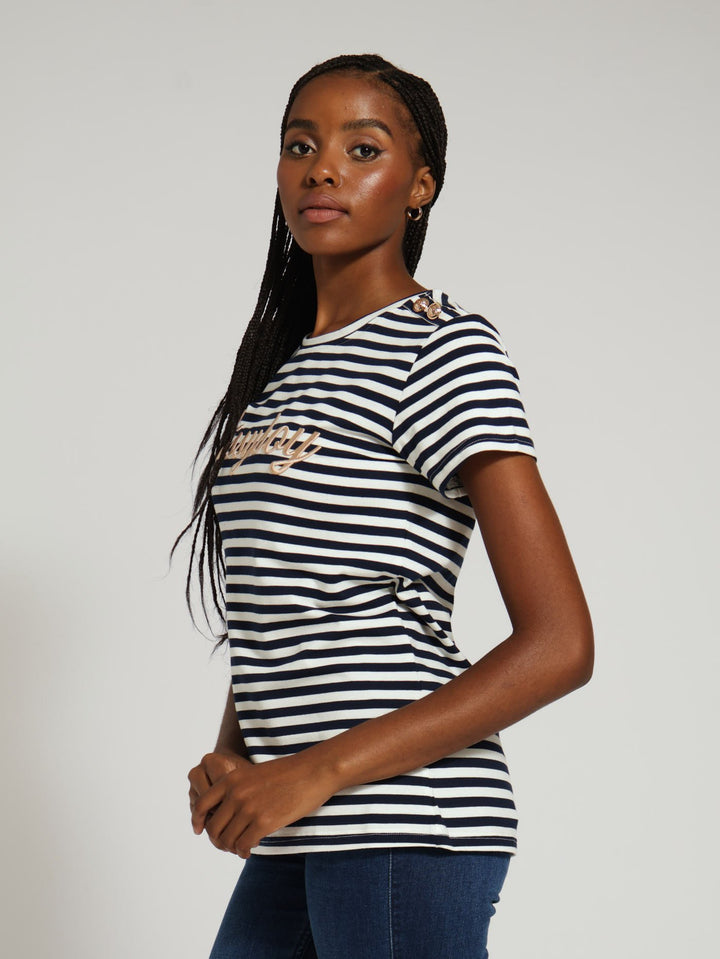 Stripe Tee With Raised Embroidery - Navy/White