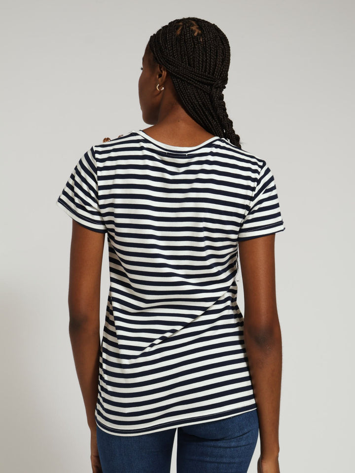 Stripe Tee With Raised Embroidery - Navy/White