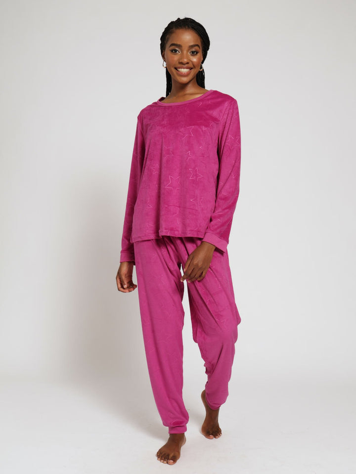 Long Sleeve Embossed Star Jogger Set - Fuschia