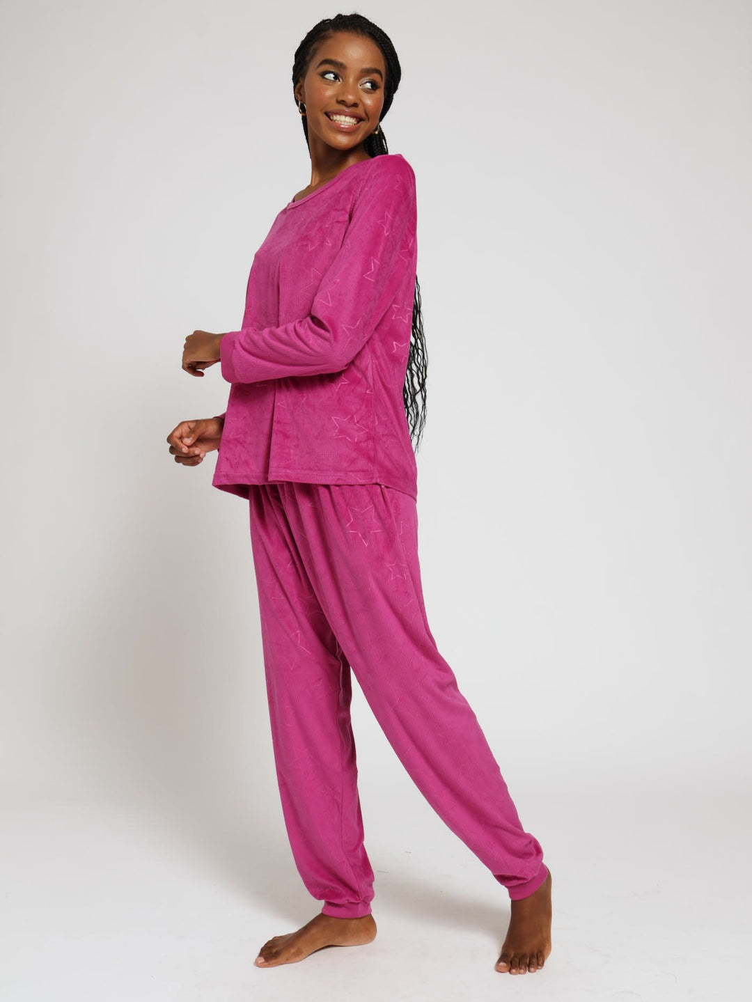 Long Sleeve Embossed Star Jogger Set - Fuschia