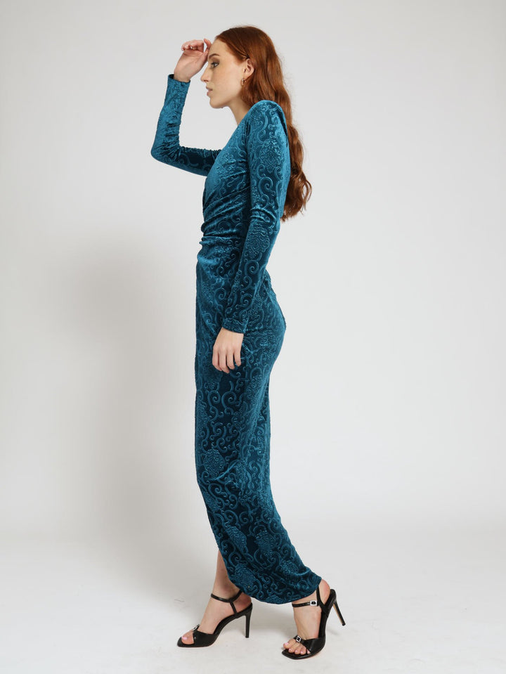 Long Sleeve Wrap Velvet Maxi Dress - Teal