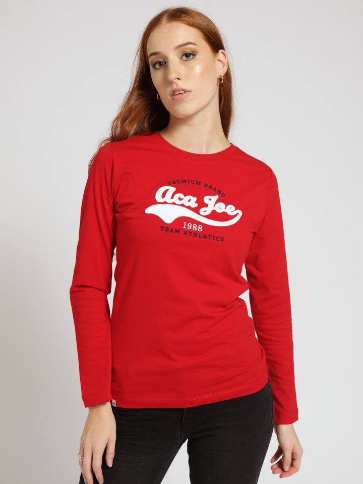 Long Sleeve Felt Applique Crew Top - Red