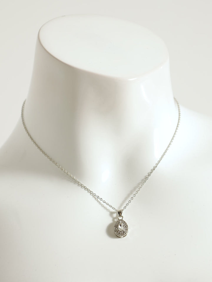 Diamante Teardrop Pendant With Matching Earrings - Silver