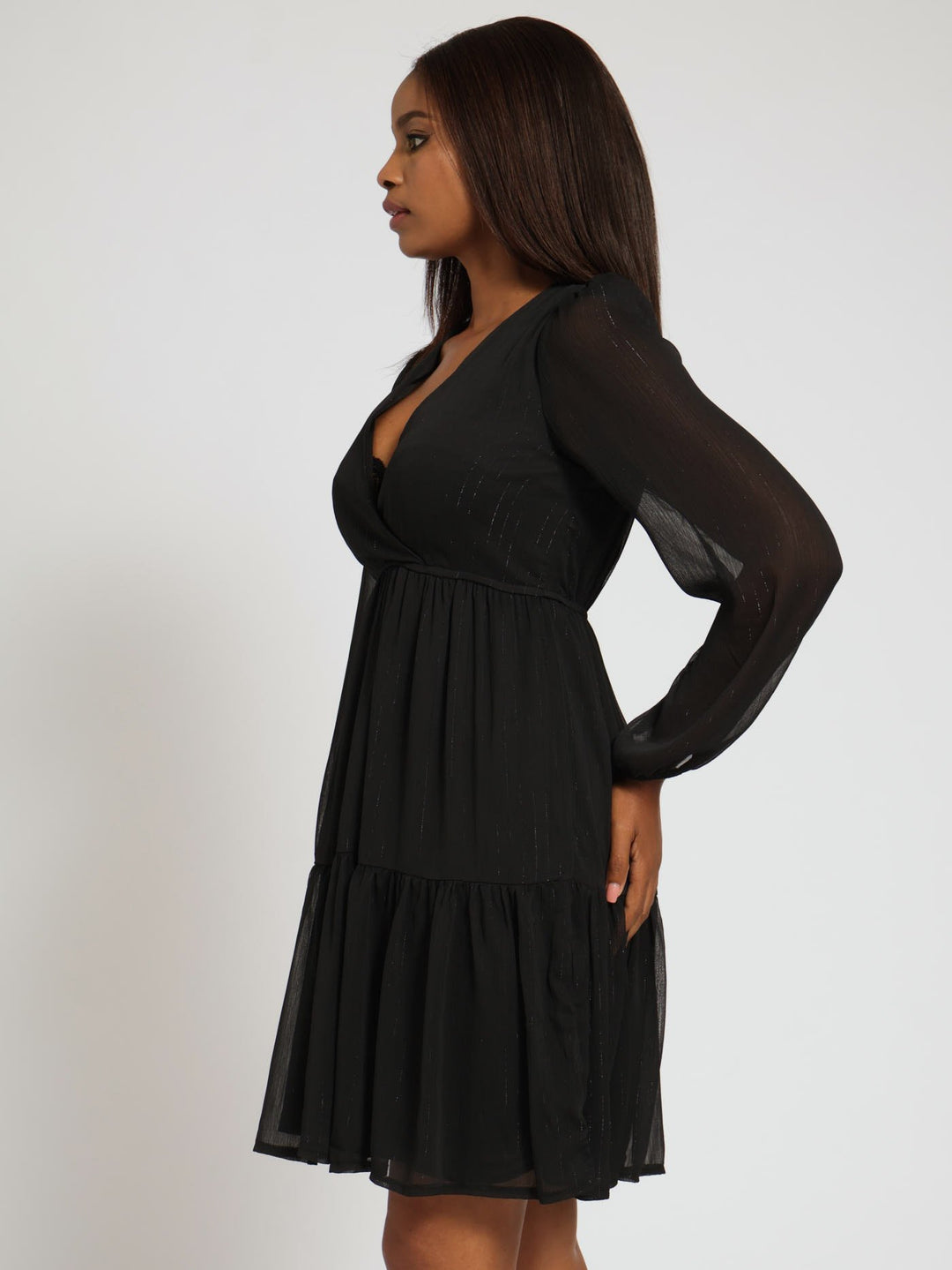 Wrap Shirred Waisted Tea Dress - Black