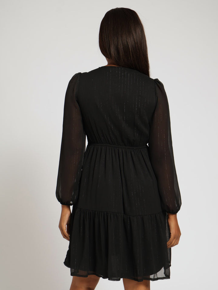 Wrap Shirred Waisted Tea Dress - Black