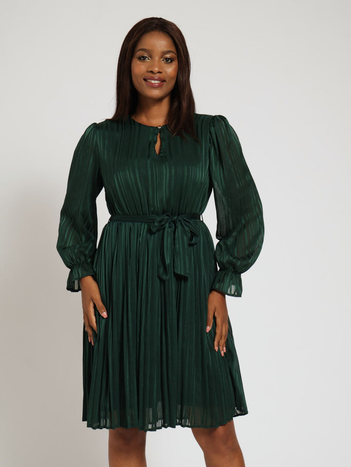 Long Sleeve Front Key Hole Pleated Tea Dress - Dark Green