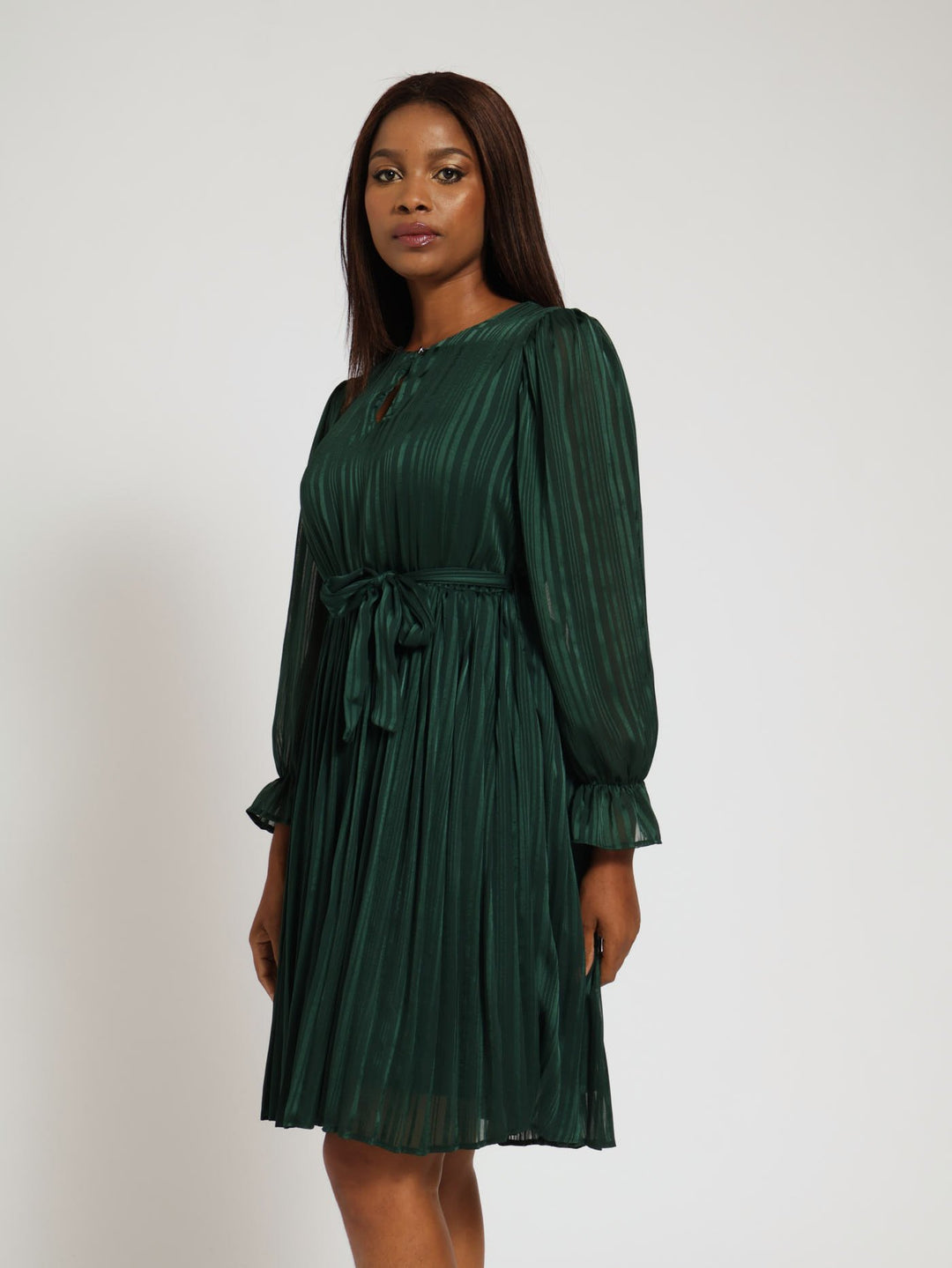 Long Sleeve Front Key Hole Pleated Tea Dress - Dark Green