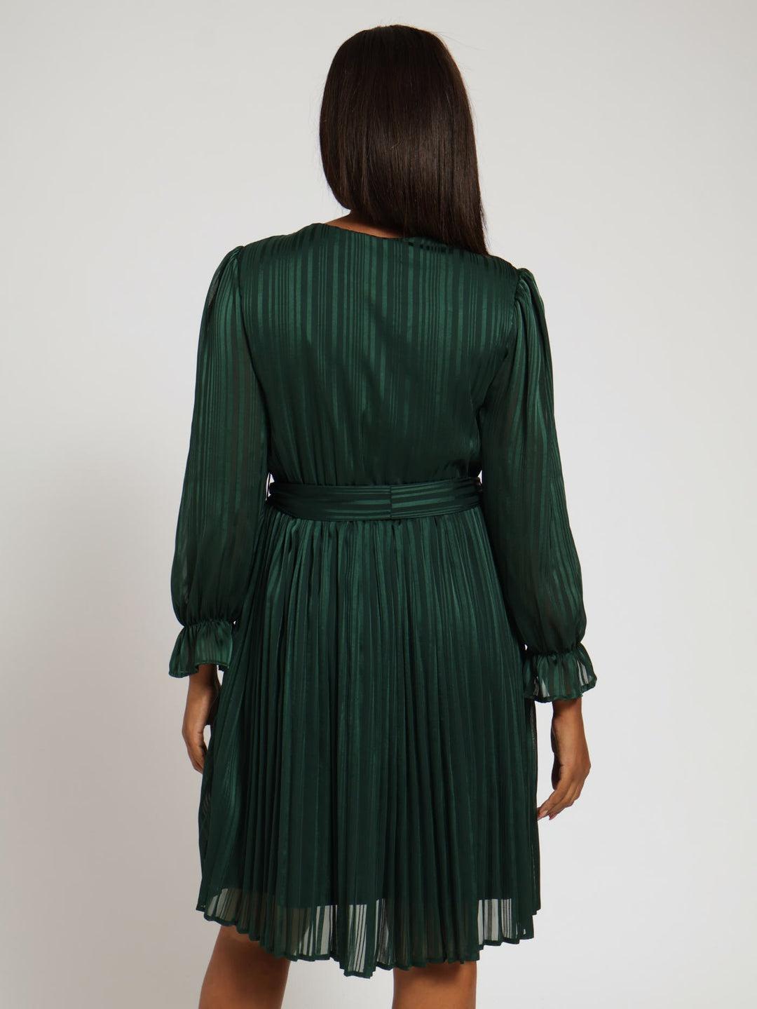 Long Sleeve Front Key Hole Pleated Tea Dress - Dark Green