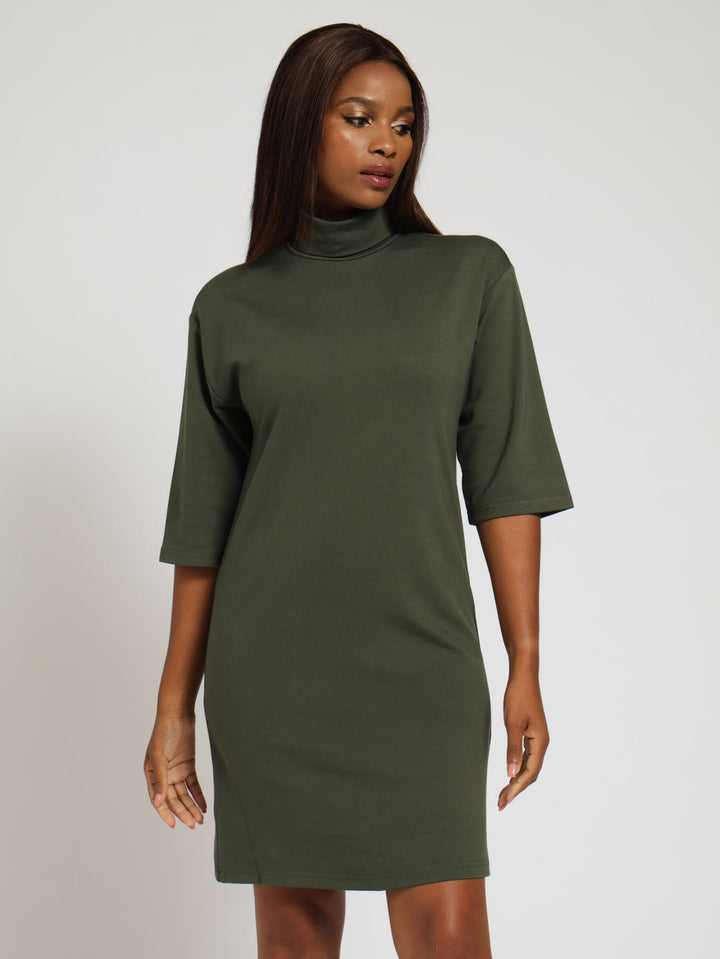 3/4 Sleeve Turtle Neck Shift Mini Dress - Fatigue