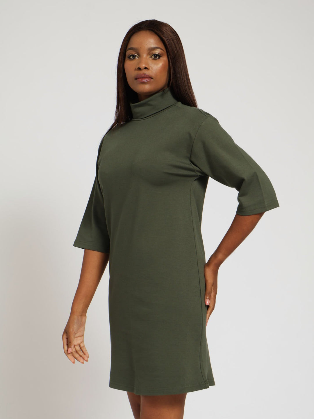 3/4 Sleeve Turtle Neck Shift Mini Dress - Fatigue