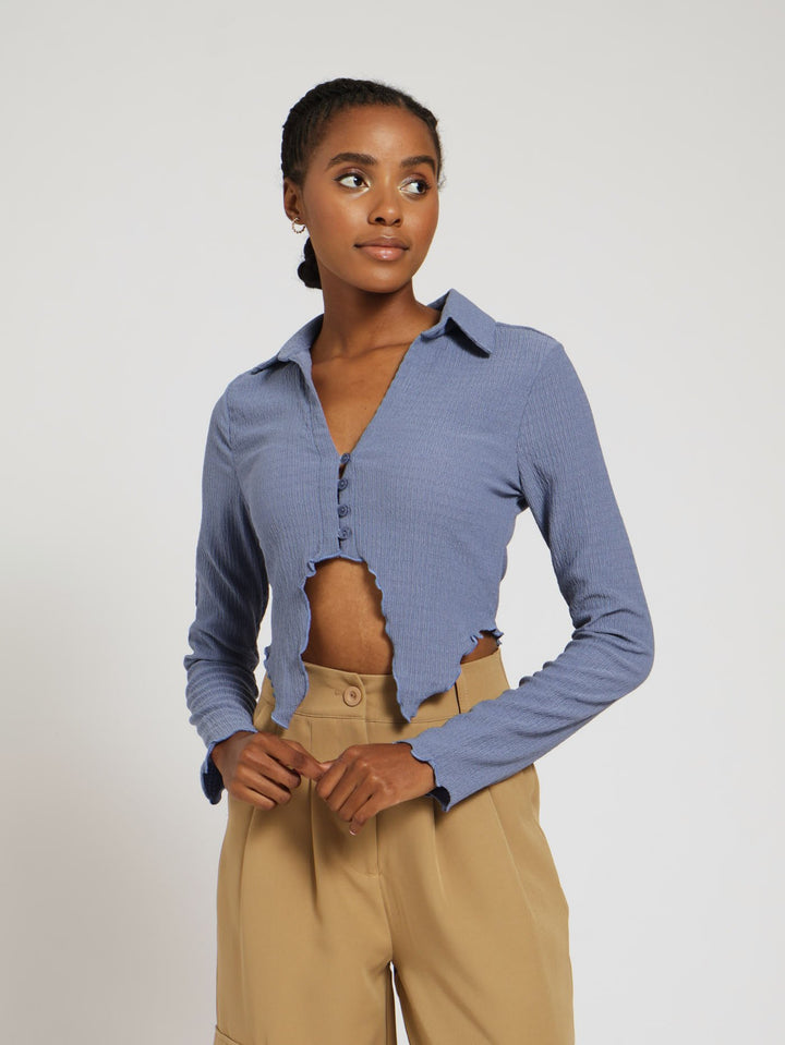 Long Sleeve Crinkle Collar Top - Airforce