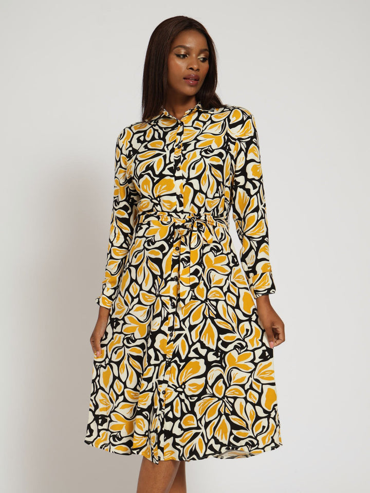 Long Sleeve Midi Belted Shirt Dress