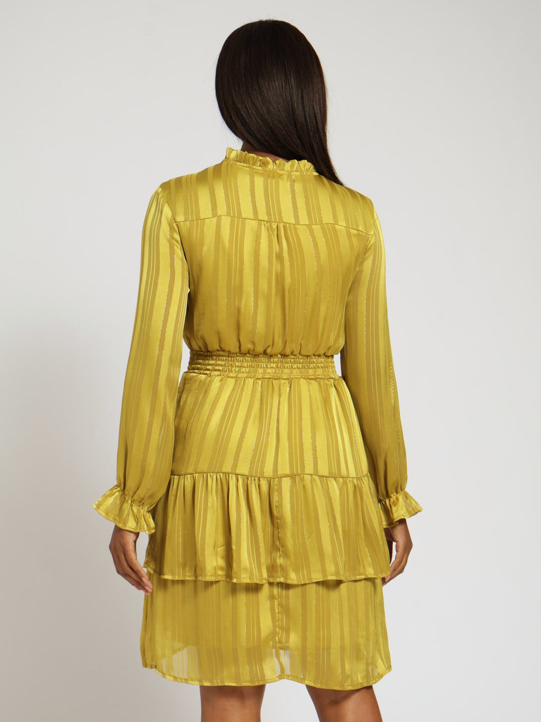 Hi-Neck Shirred Waisted Tiered Tea Dress - Mustard