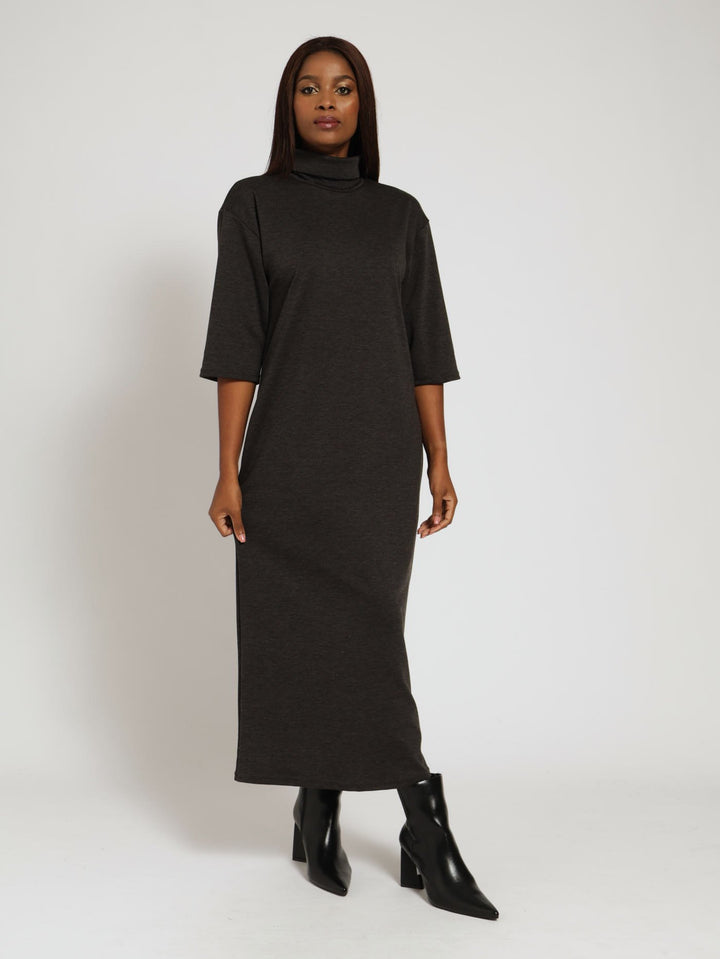 3/4 Sleeve Turtle Neck Shift Midi Dress - Charcoal Melange