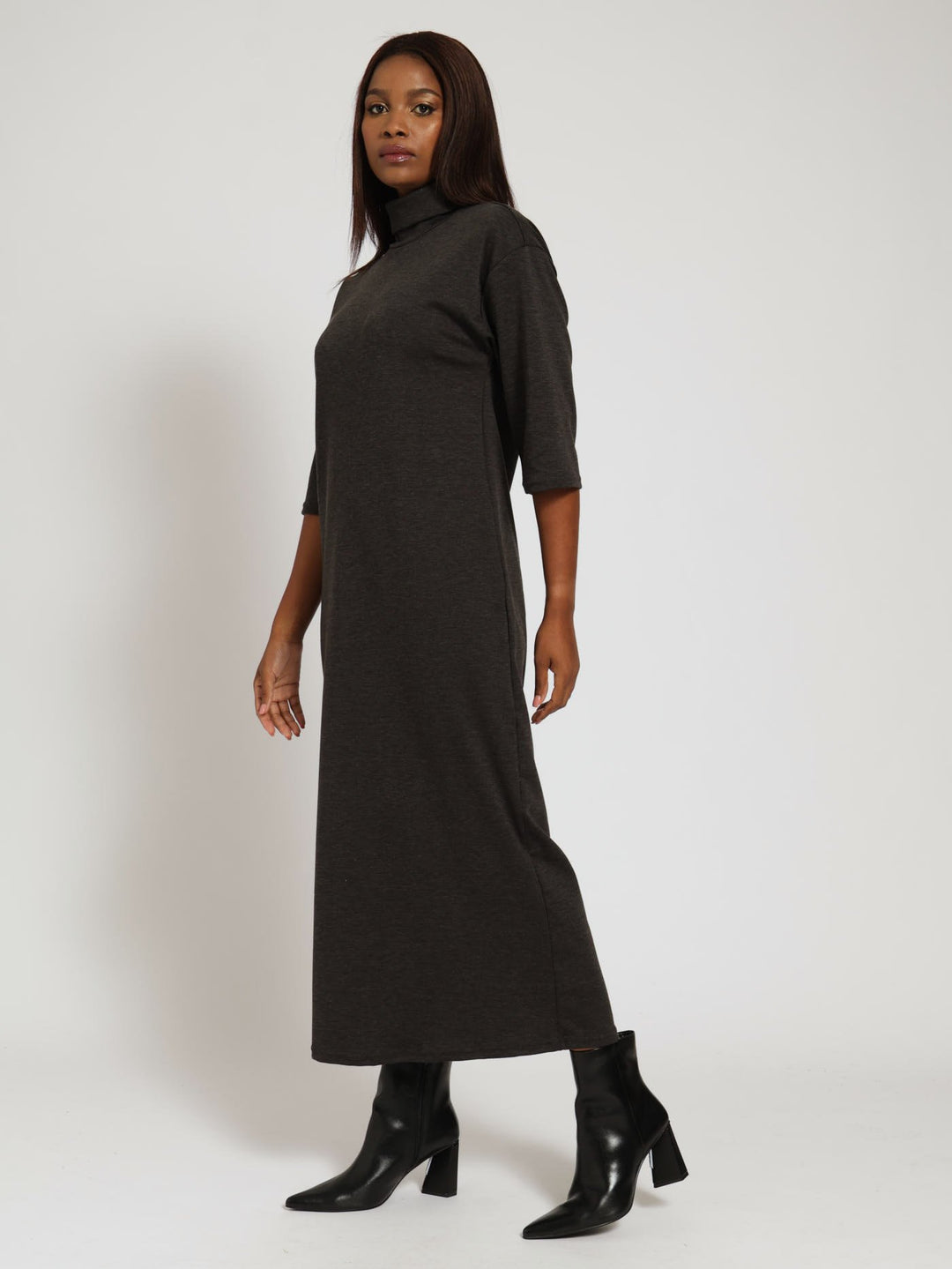 3/4 Sleeve Turtle Neck Shift Midi Dress - Charcoal Melange