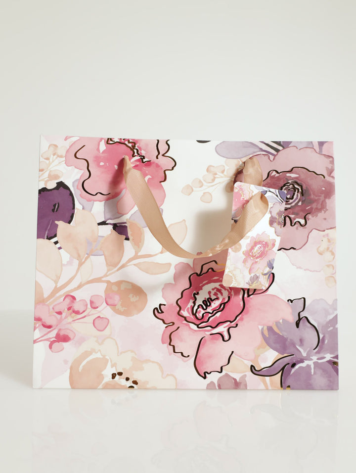 Floral Print With Gold Foil Gift Bag-Small - Light Pink