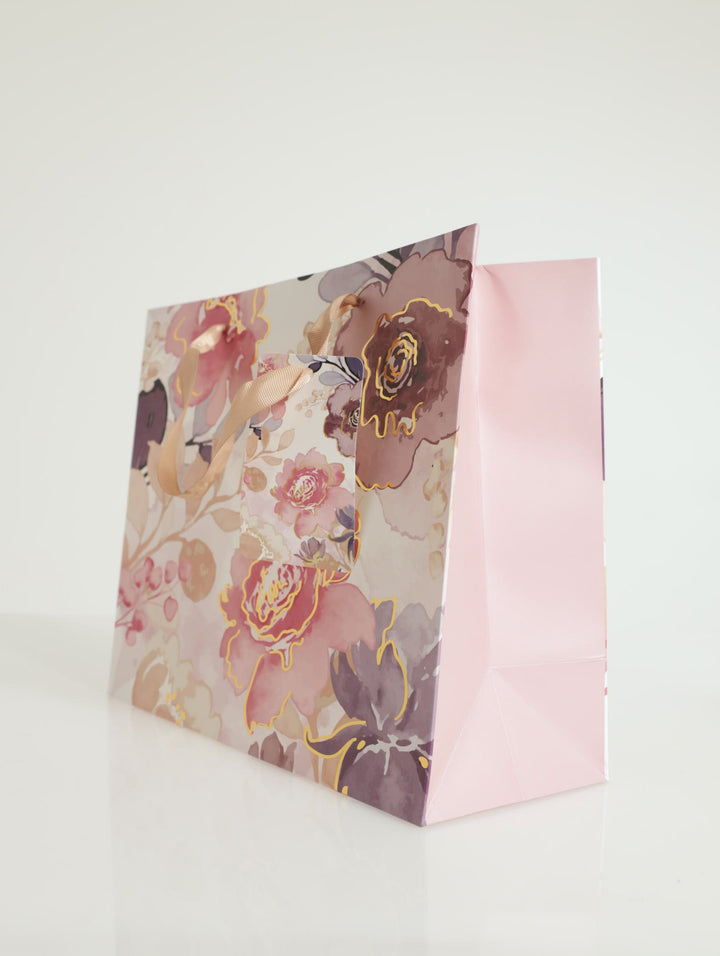 Floral Print With Gold Foil Gift Bag-Small - Light Pink