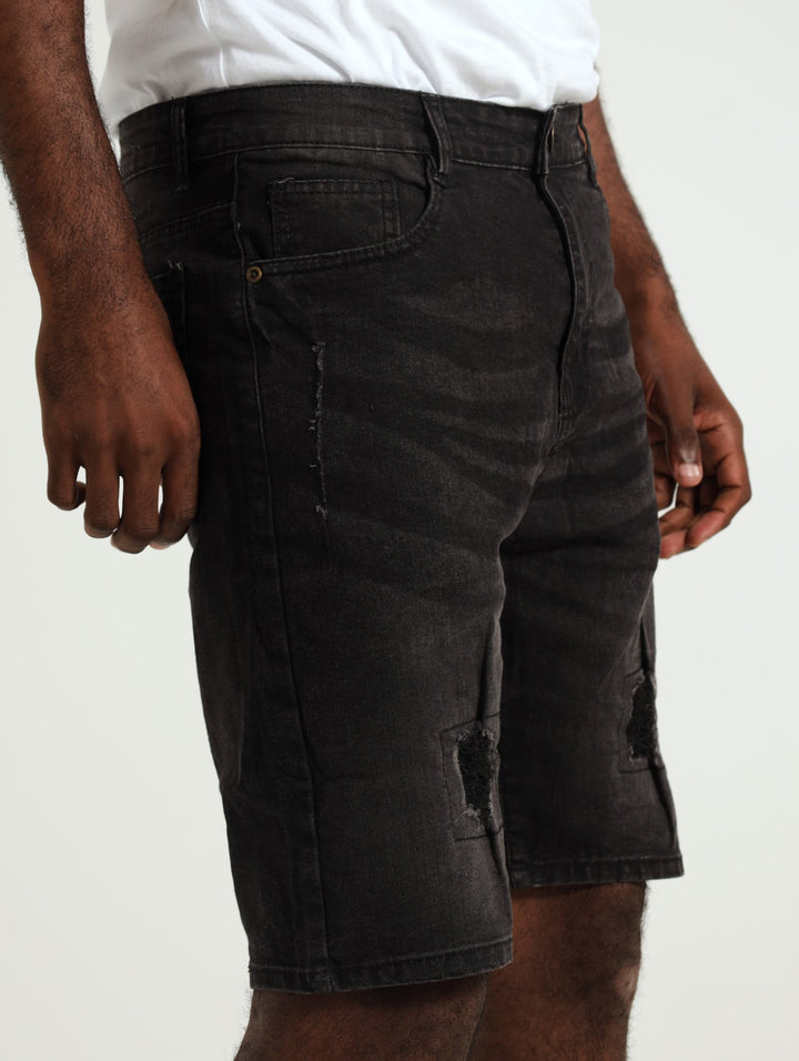 Rip & Repair Denim Shorts - Black