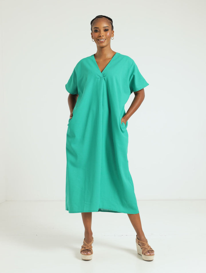 V-Neck Kaftan Pleated Front Maxi Dress - Emerald