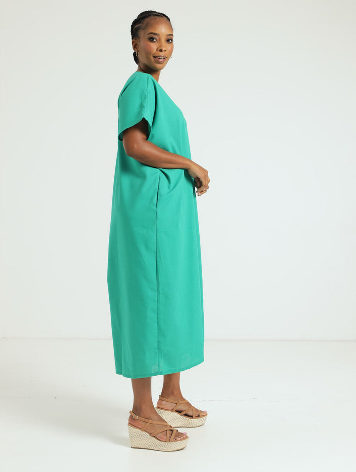 V-Neck Kaftan Pleated Front Maxi Dress - Emerald