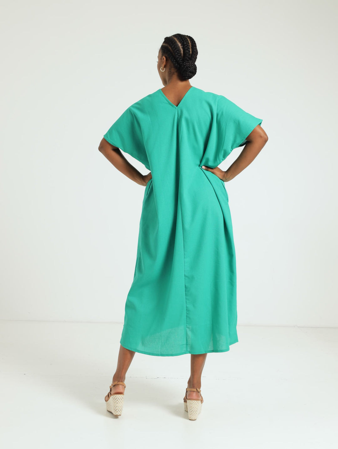 V-Neck Kaftan Pleated Front Maxi Dress - Emerald