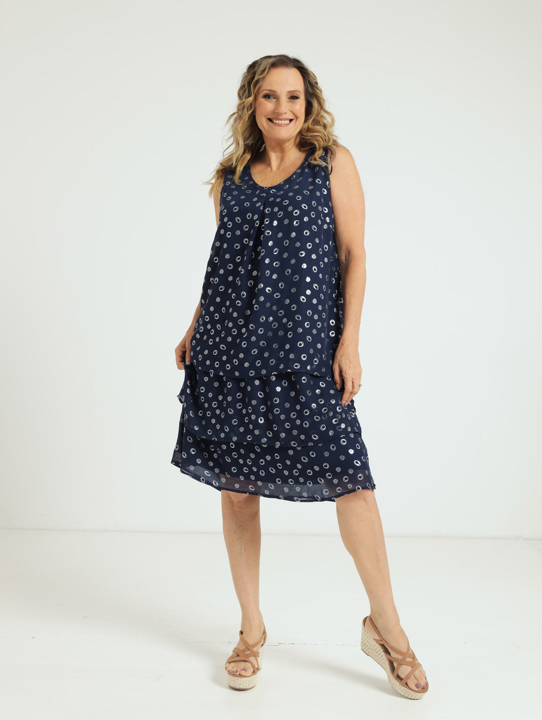 Foil Print Tier Dress - Navy