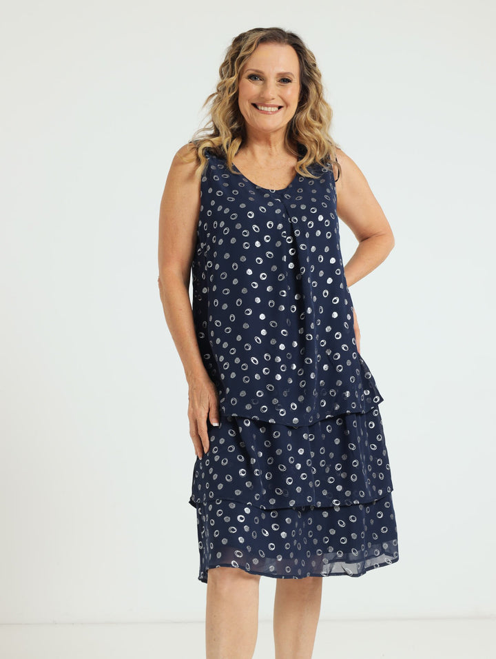 Foil Print Tier Dress - Navy