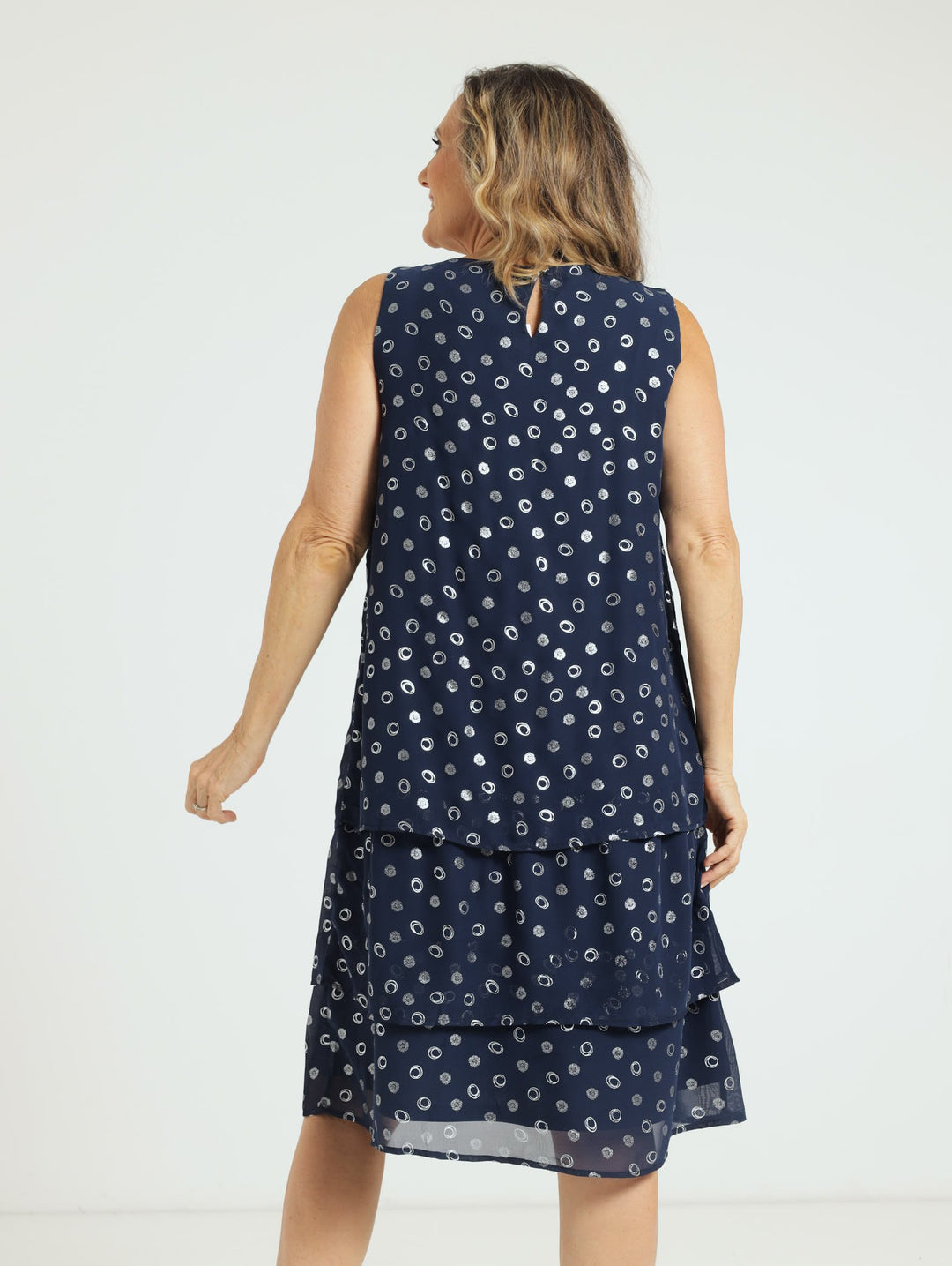 Foil Print Tier Dress - Navy