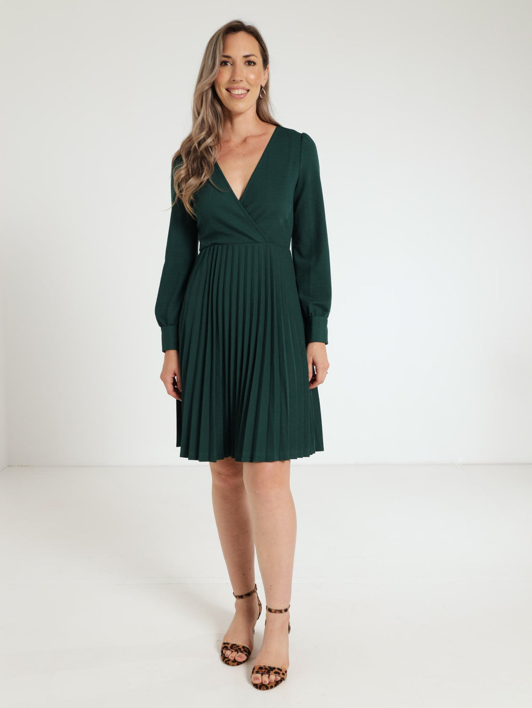 Wrap Pleated Midi Dress - Dark Green