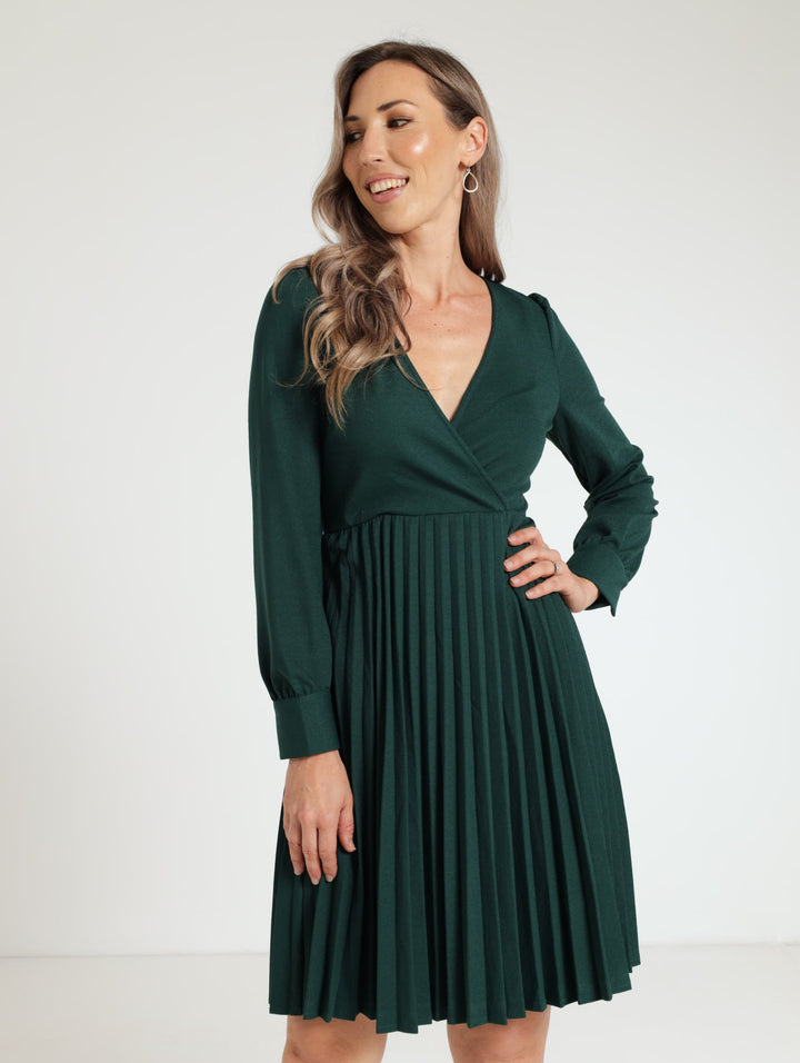 Wrap Pleated Midi Dress - Dark Green