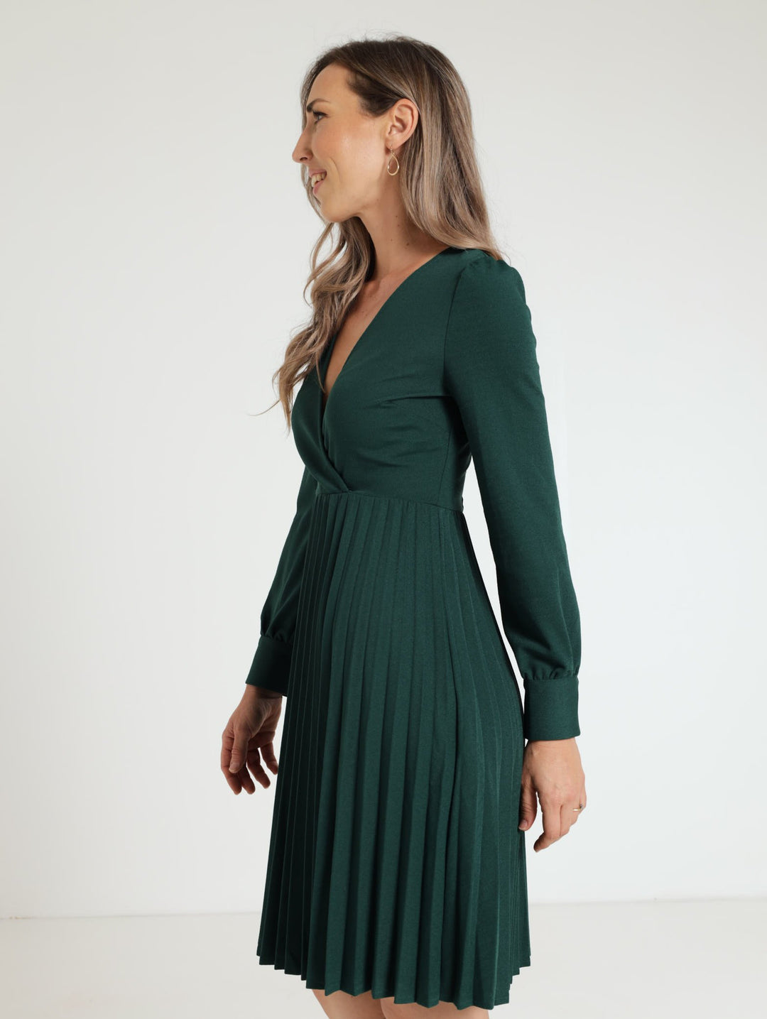 Wrap Pleated Midi Dress - Dark Green