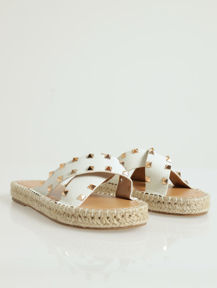 Cross-Over Studded Espadrille Flat Sandal - Cream