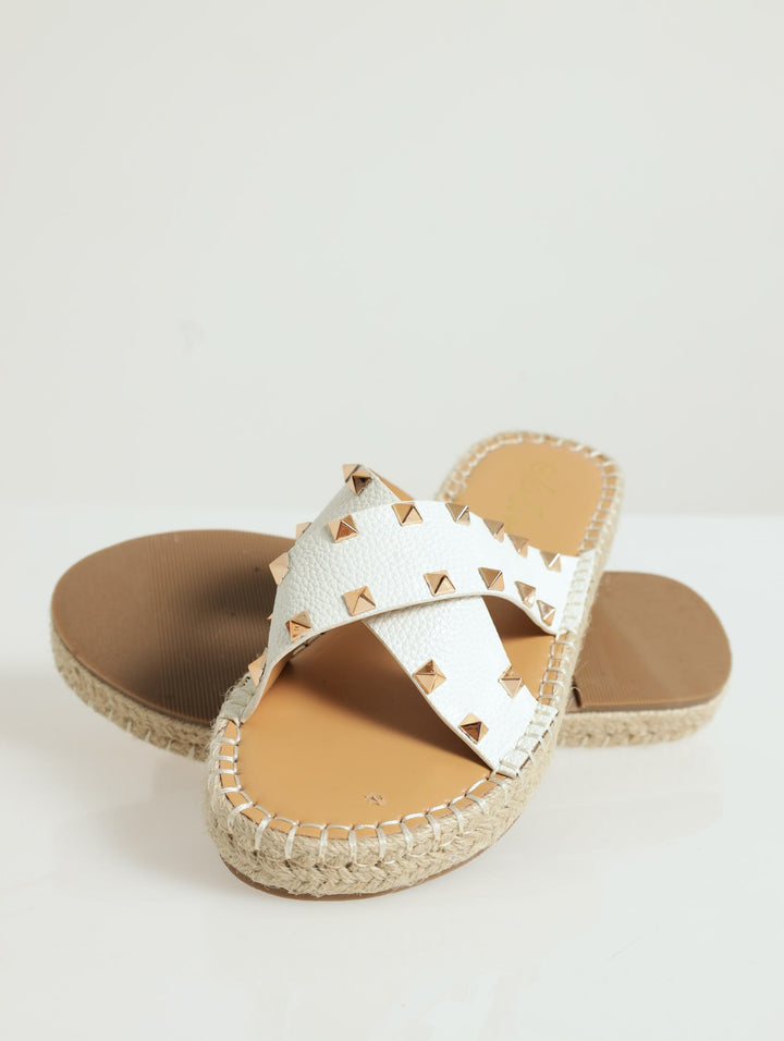 Cross-Over Studded Espadrille Flat Sandal - Cream